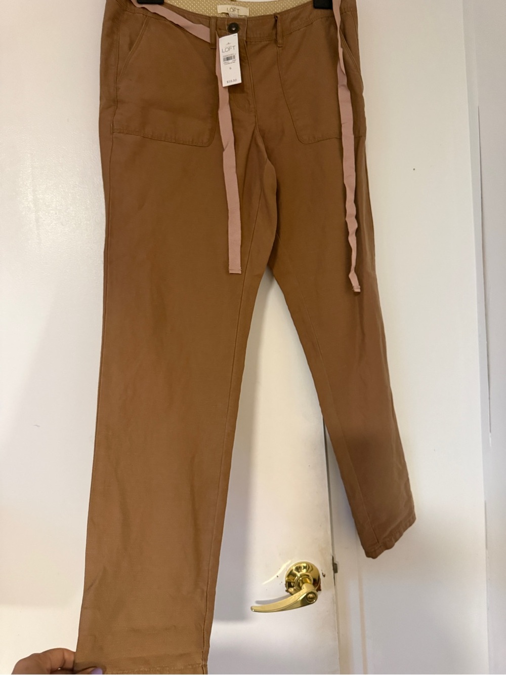 LOFT Tan Straight-Leg Pants with Pink Drawstring